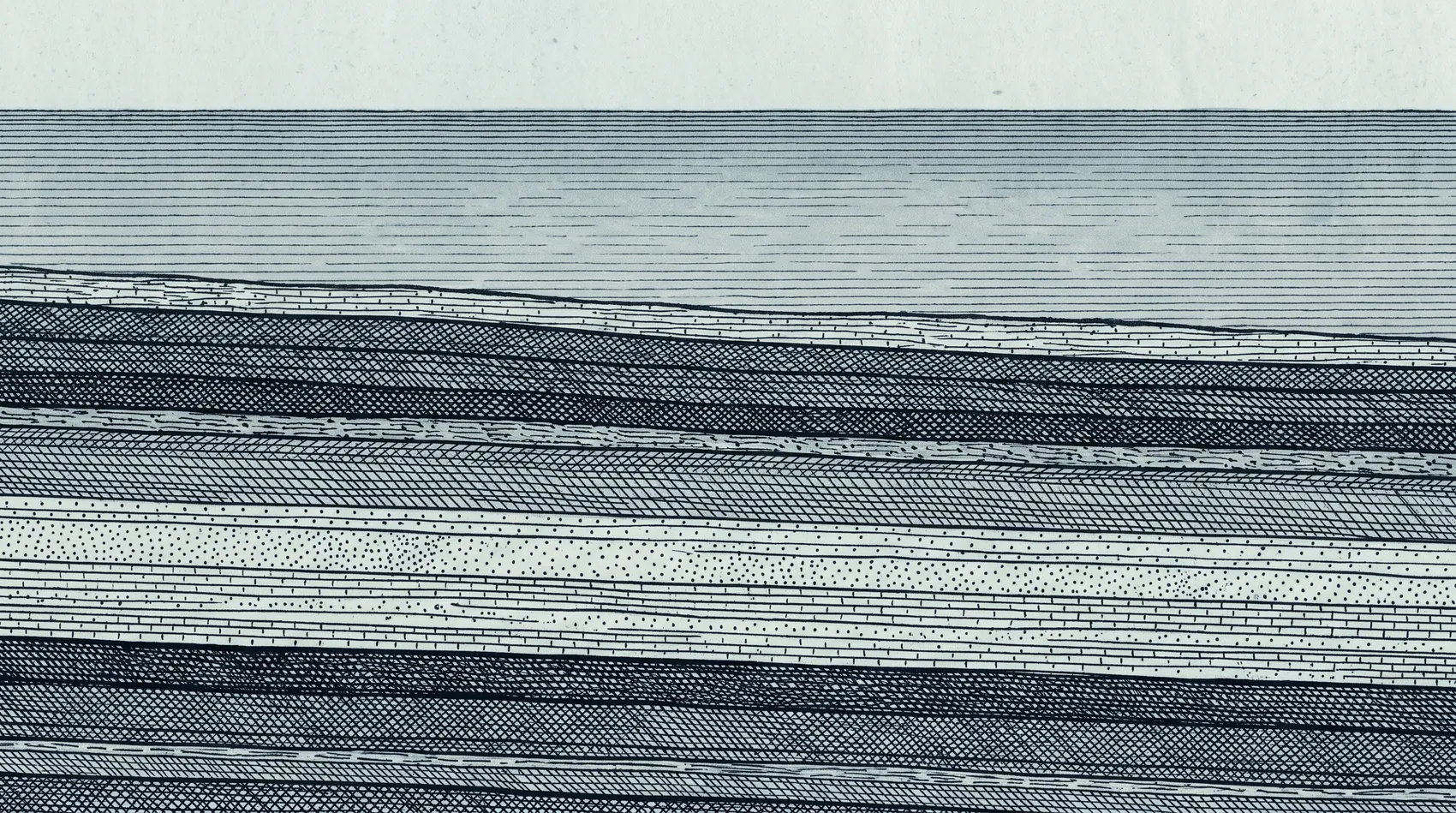 Layered strata beneath a still waterline, drawn as a survey engraving.